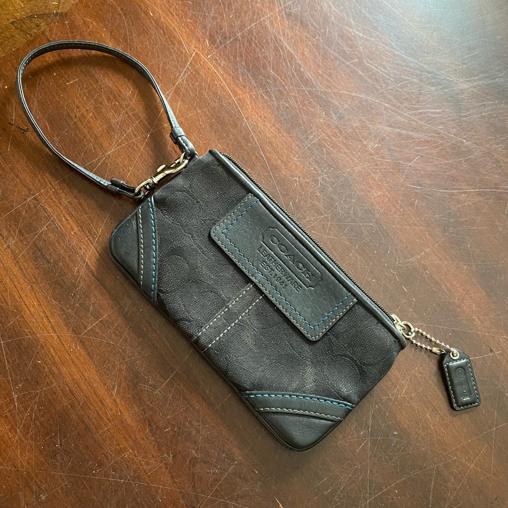 Coach Black Signature Wristlet with Teal Stitching